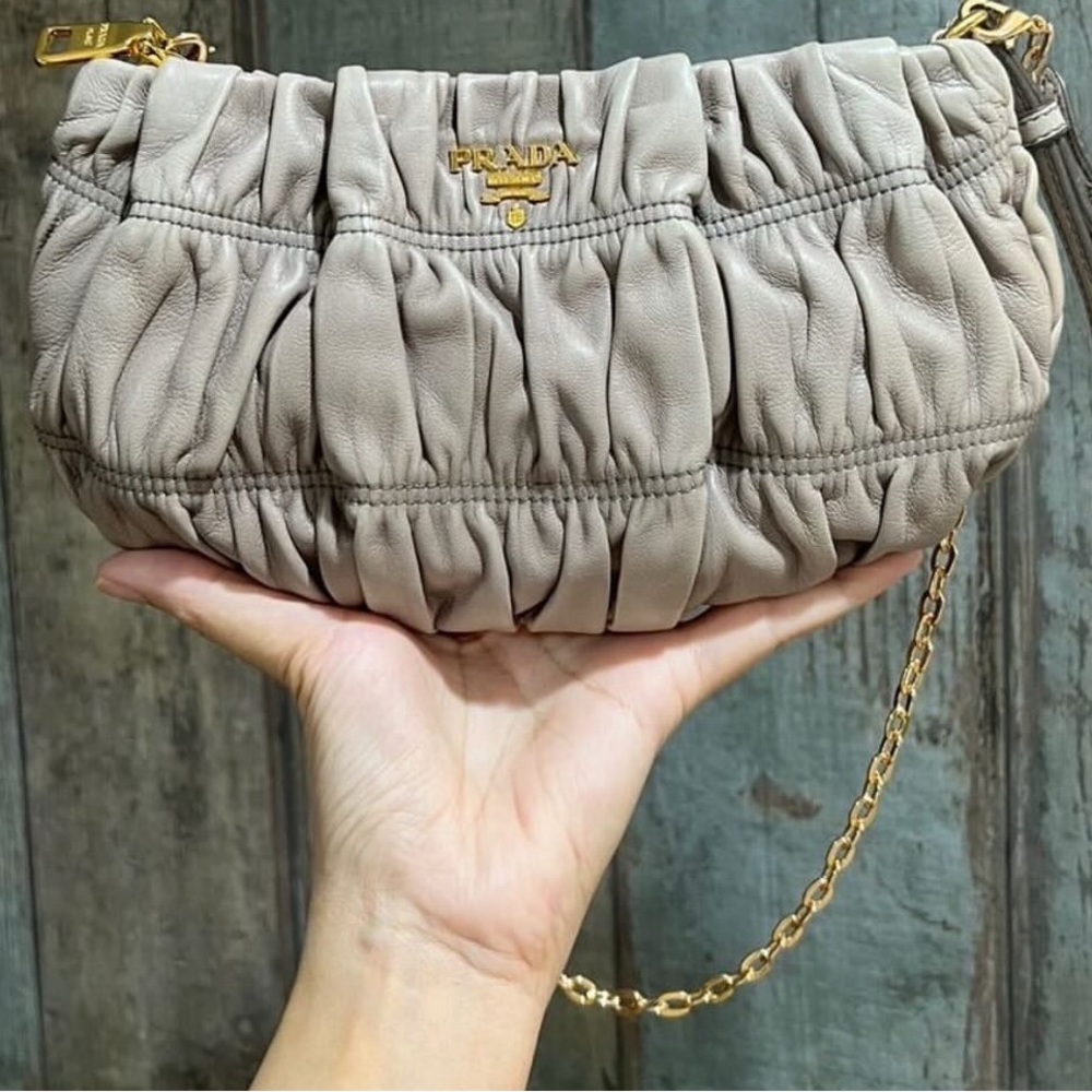 Prada grey Ruched Leather Clutch with Gold Chain